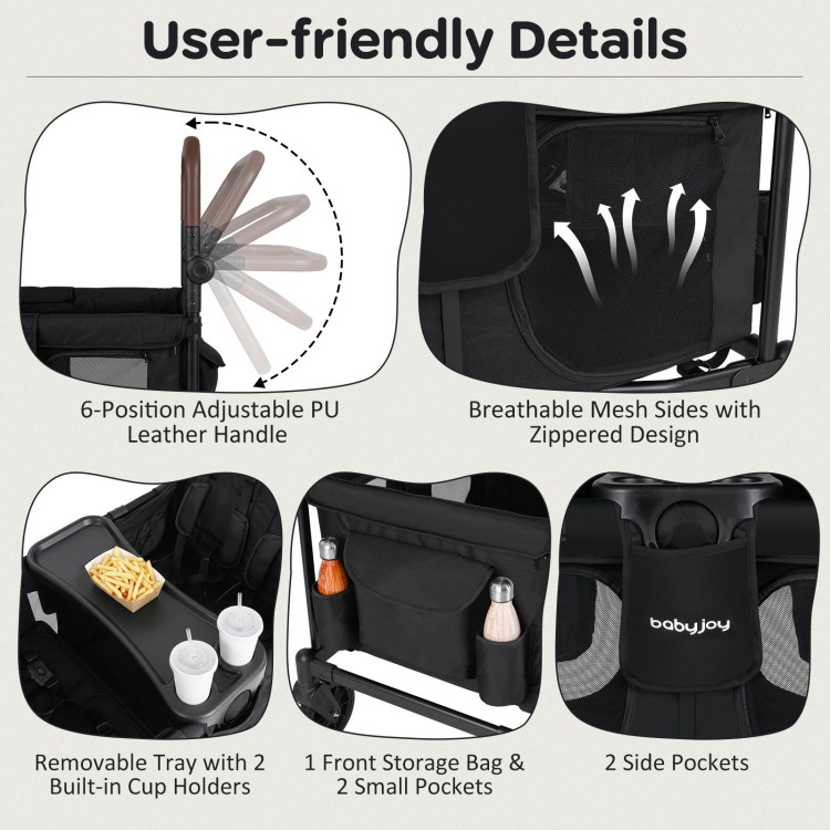 Wagon stroller for 4 kids with adjustable PU leather handle, removable tray, and breathable mesh sides for comfort.
