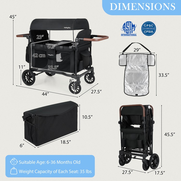 Wagon stroller for 4 kids in black, featuring a foldable design, adjustable handles, and removable canopy for comfort.