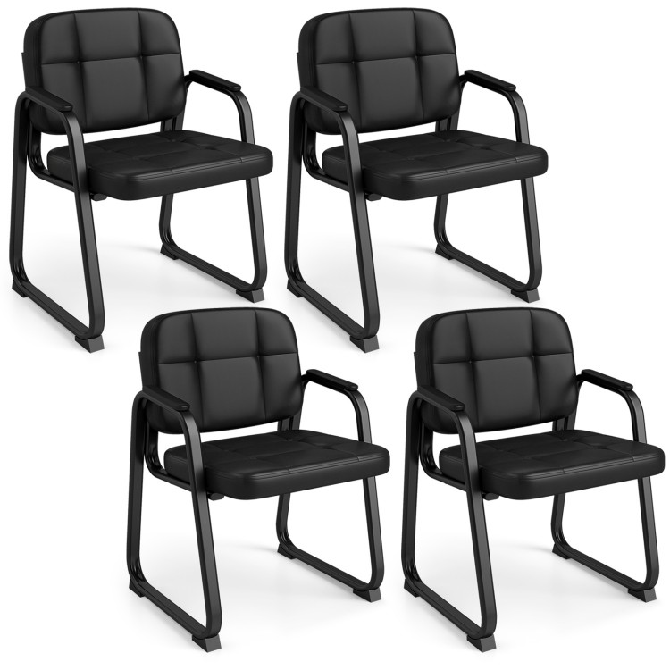 Set of 4 black leather office reception chairs with cushioned seats and ergonomic backrests for comfort and support.