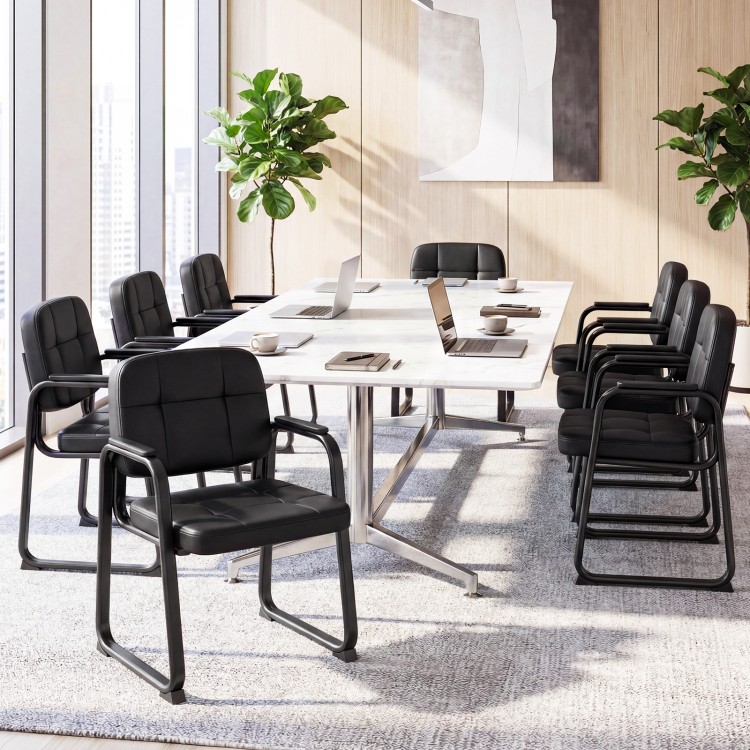 Single black leather office reception chair with cushioned seat and padded armrests, perfect for comfortable waiting.