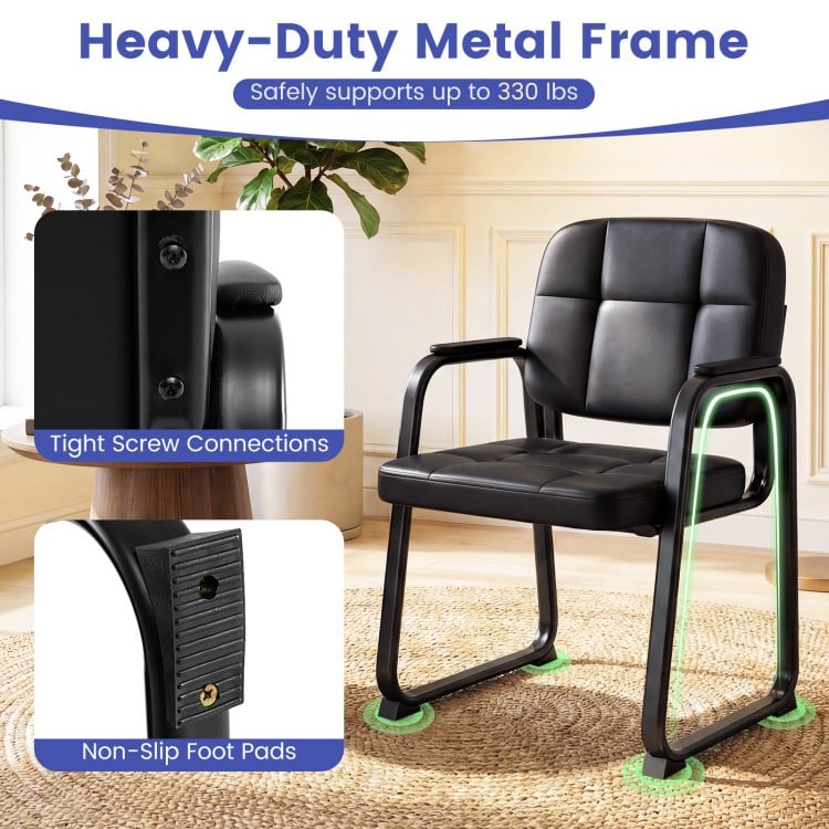 Heavy-duty metal frame waiting room chair with cushioned seat, ergonomic backrest, and non-slip foot pads for stability.