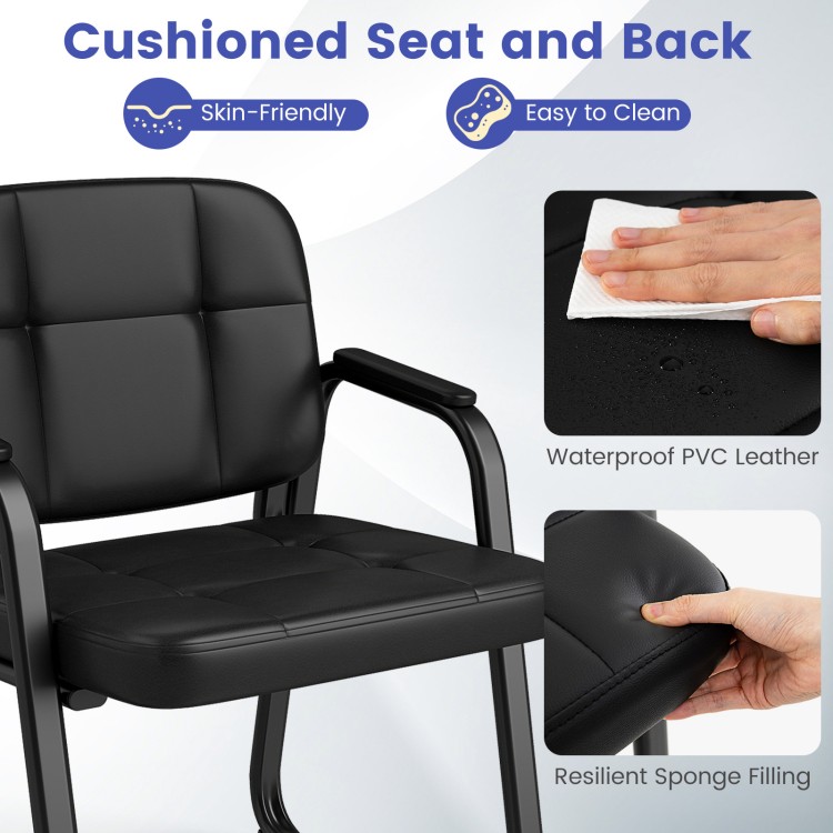 Cushioned black leather office chair with ergonomic backrest and padded armrests, ideal for reception areas.