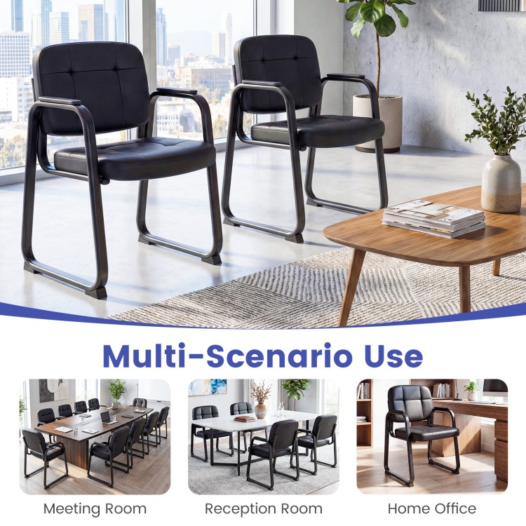 Set of 4 leather office reception chairs with padded armrests and ergonomic backrest, ideal for meeting rooms and home.