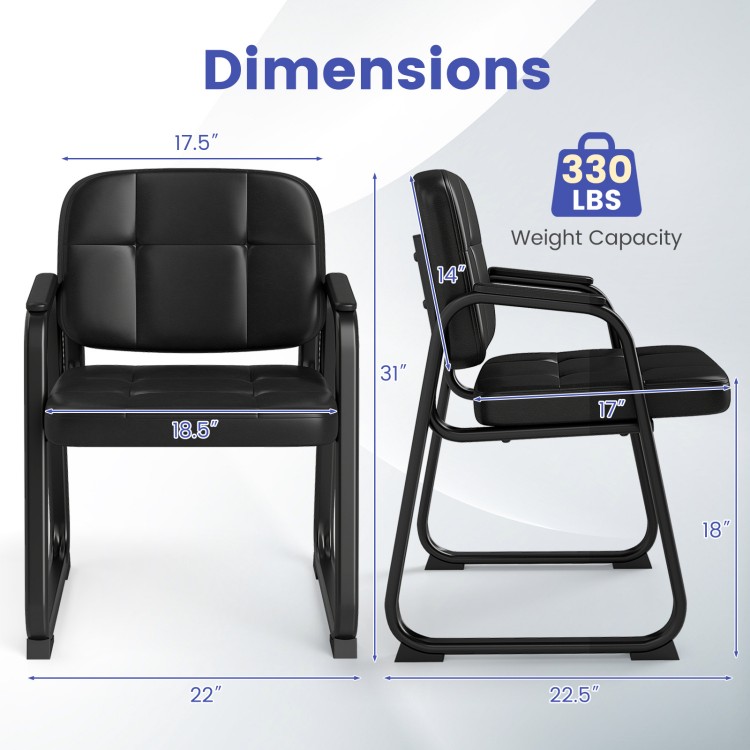 Side view of a leather office reception chair with dimensions, featuring a cushioned seat and sturdy metal frame.