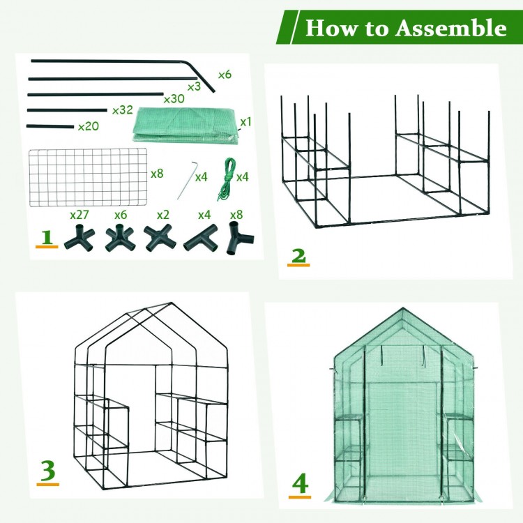 Assembly guide for the Walk-in Greenhouse with PE material, iron frame, and observation windows for gardening.