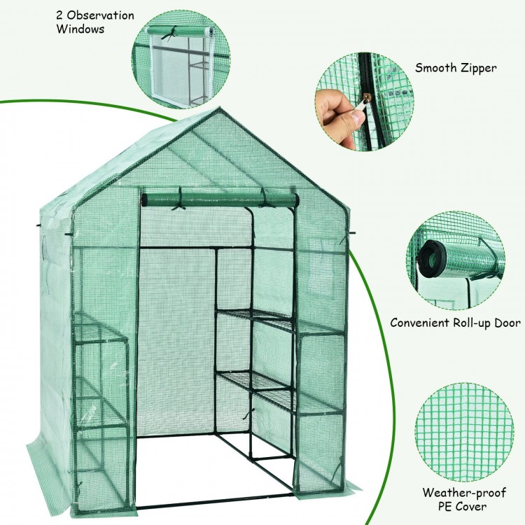 Walk-in greenhouse with roll-up door, observation windows, and 8 shelves for gardening, made of weather-proof PE.