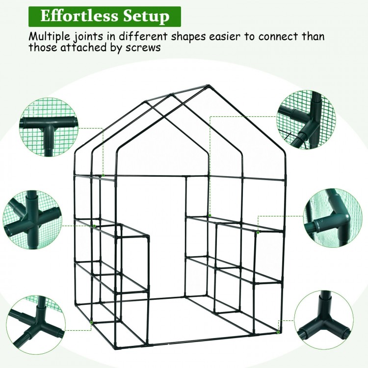 Walk-in greenhouse frame showcasing multiple joints for easy setup, featuring observation windows and sturdy shelves.