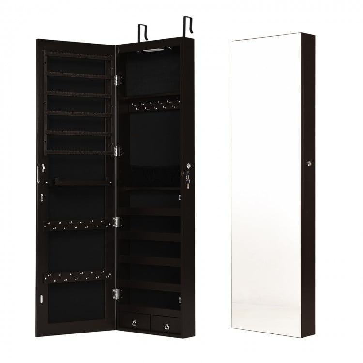 Brown wall and door mounted mirrored jewelry cabinet with LED lights, featuring spacious storage and lockable design.