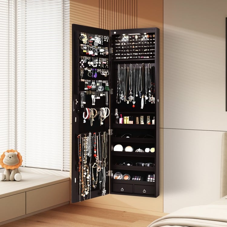 Brown wall and door mounted mirrored jewelry cabinet with LED lights, featuring spacious storage and a full-length.