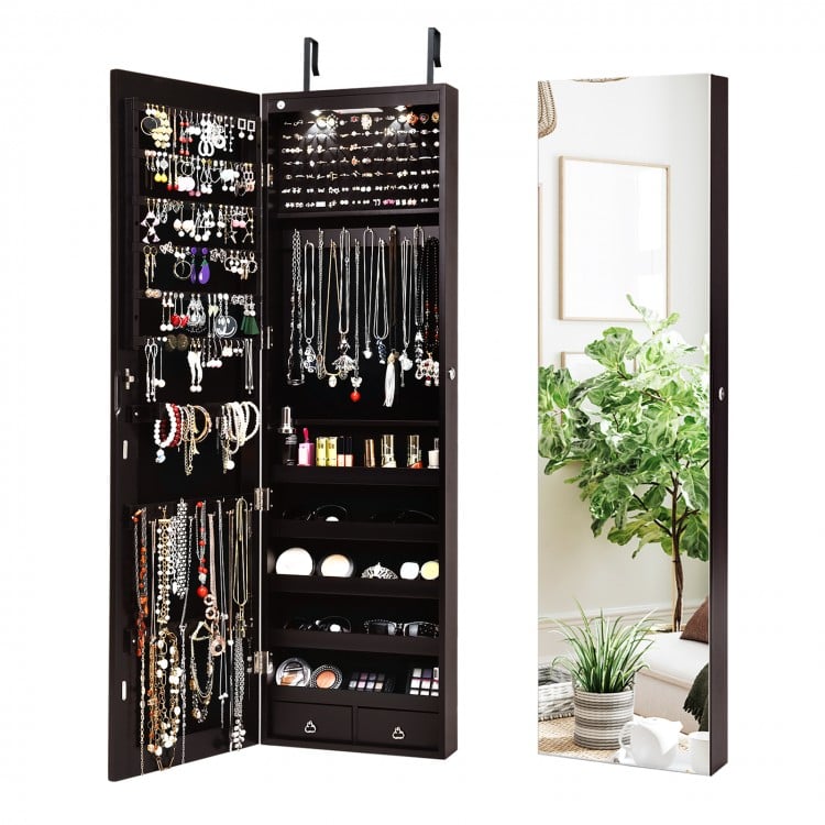 Brown jewelry cabinet with LED lights and velvet liner, showcasing hooks and shelves for organized storage and easy.