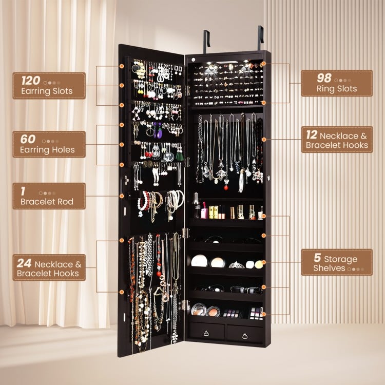Wall-mounted mirrored jewelry cabinet in brown with LED lights, featuring 120 earring slots and spacious storage for.