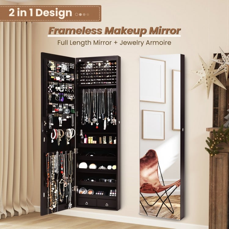 Brown wall and door mounted mirrored jewelry cabinet with LED lights, featuring spacious storage for jewelry and.