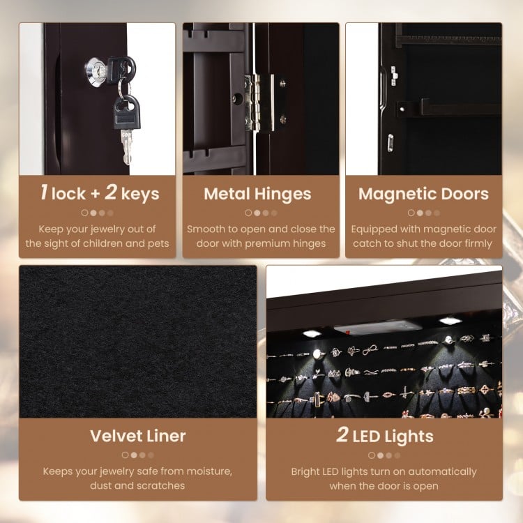 Wall-mounted jewelry cabinet in brown with velvet liner, lockable design, and LED lights for convenient storage.