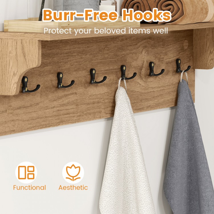Wooden coat rack with 6 burr-free hooks and top shelf, ideal for hats and towels, perfect for entryway or bathroom.