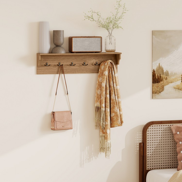 Natural wooden coat rack with shelf, showcasing elegant design and 6 hooks, perfect for stylish organization in any.
