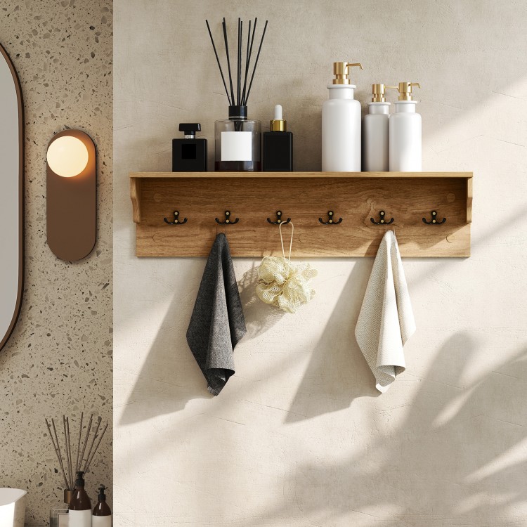 Wooden coat rack with 6 hooks and top shelf, featuring natural wood grains, ideal for entryway or bathroom storage.