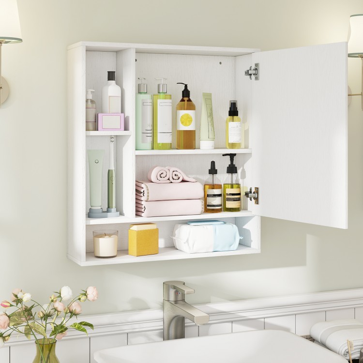 Wall mounted bathroom cabinet in white with mirror, featuring adjustable shelves and organized storage for toiletries.