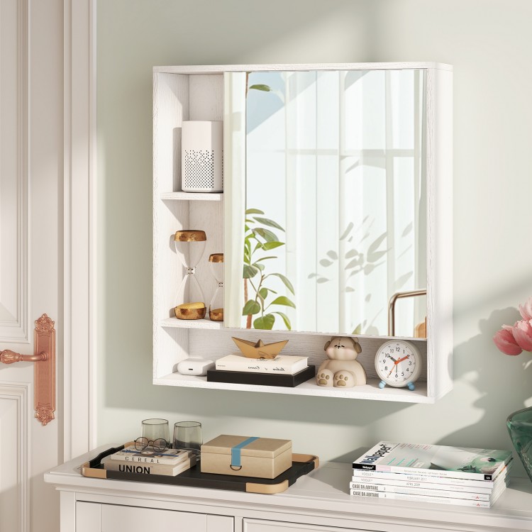 Wall mounted bathroom cabinet with mirror, white finish, featuring hidden storage and adjustable shelf for organized.