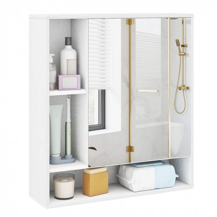 Wall mounted bathroom cabinet in white with mirror, featuring adjustable shelves for organized storage and modern.