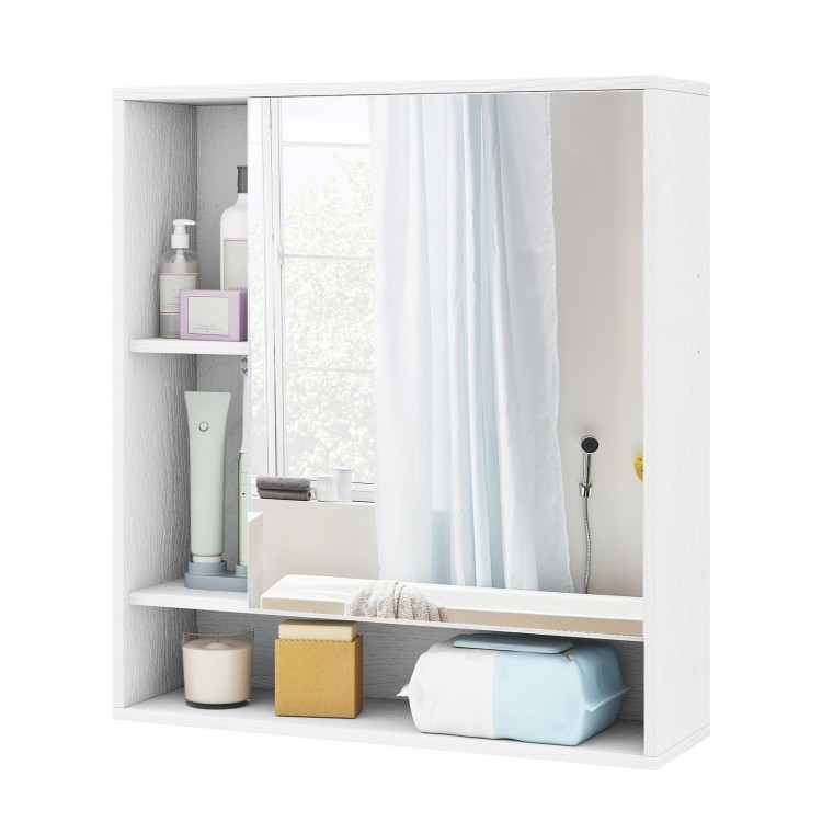 Wall mounted bathroom cabinet with mirror, featuring adjustable shelves and modern white design for organized storage.