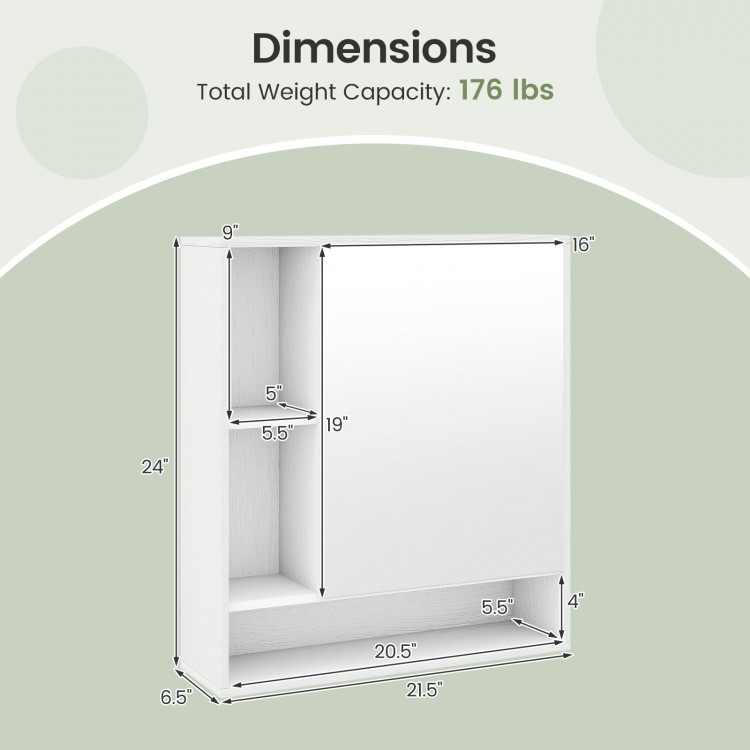 Wall mounted bathroom cabinet with mirror, white finish, featuring adjustable shelf and dimensions for compact spaces.