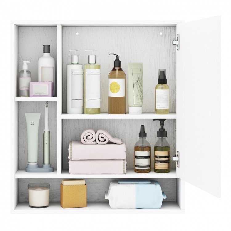 Wall mounted bathroom cabinet with mirror, featuring adjustable shelves and organized storage for toiletries and towels.