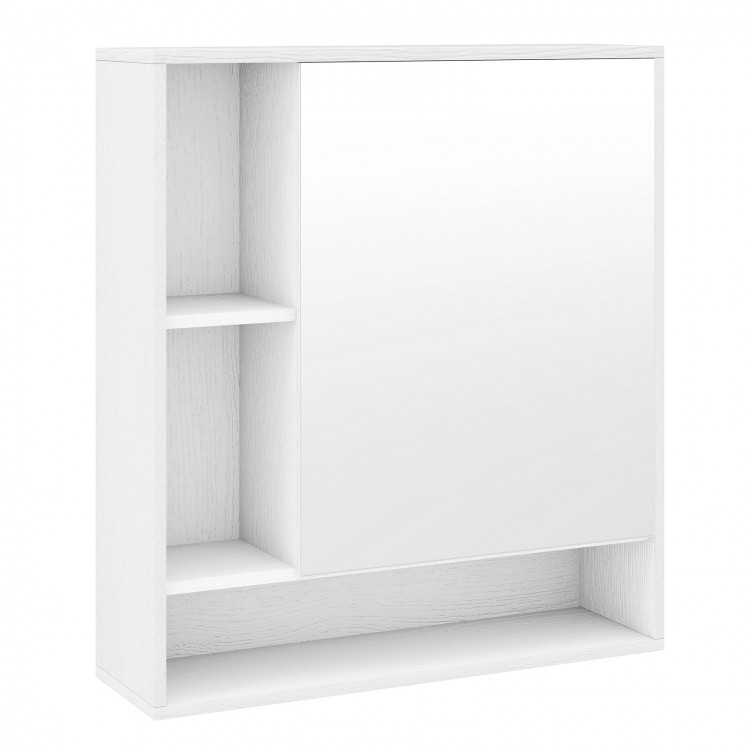 Wall mounted bathroom cabinet in white with a mirror, featuring adjustable shelves for organized storage.
