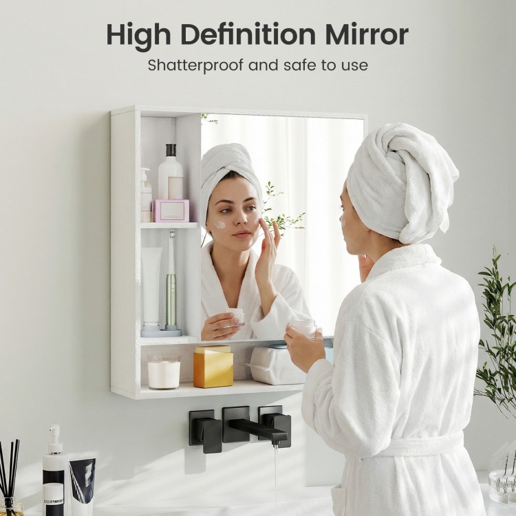 Wall-mounted bathroom cabinet with mirror, featuring adjustable shelves and a modern design for organized storage.