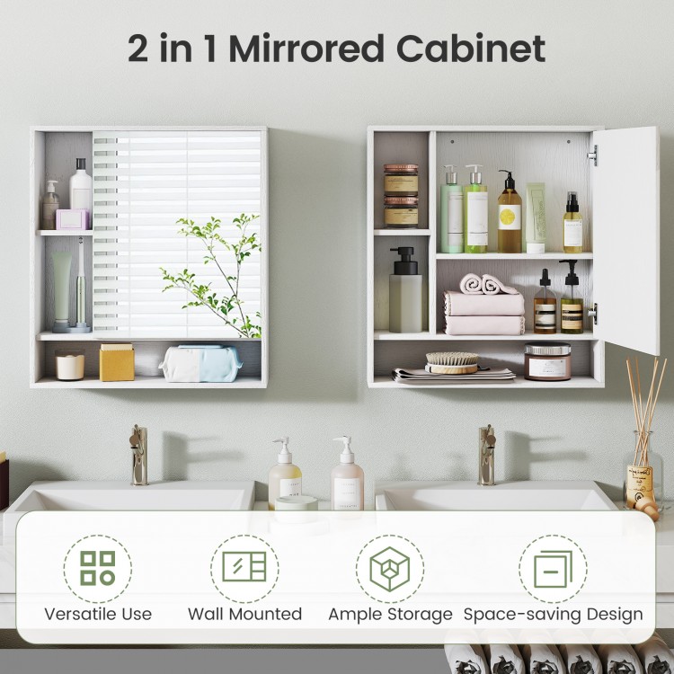 Wall mounted bathroom cabinet with mirror, featuring adjustable shelves and ample storage for organized spaces.