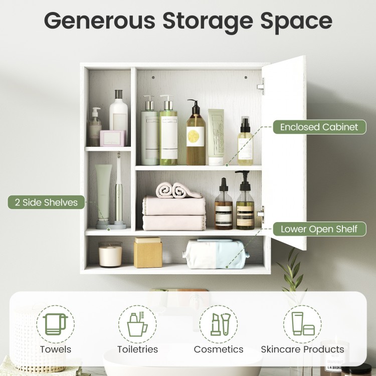 Wall mounted bathroom cabinet with mirror, featuring adjustable shelves and open storage for toiletries and cosmetics.