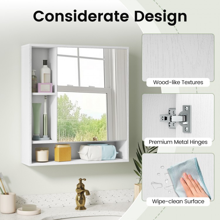 Wall mounted bathroom cabinet in white with mirror, featuring adjustable shelves and smooth surface for easy cleaning.