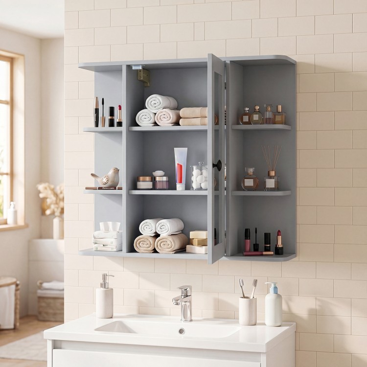 Wall-mounted gray bathroom medicine cabinet with mirror, featuring 3 compartments and 6 open shelves for organized storage.