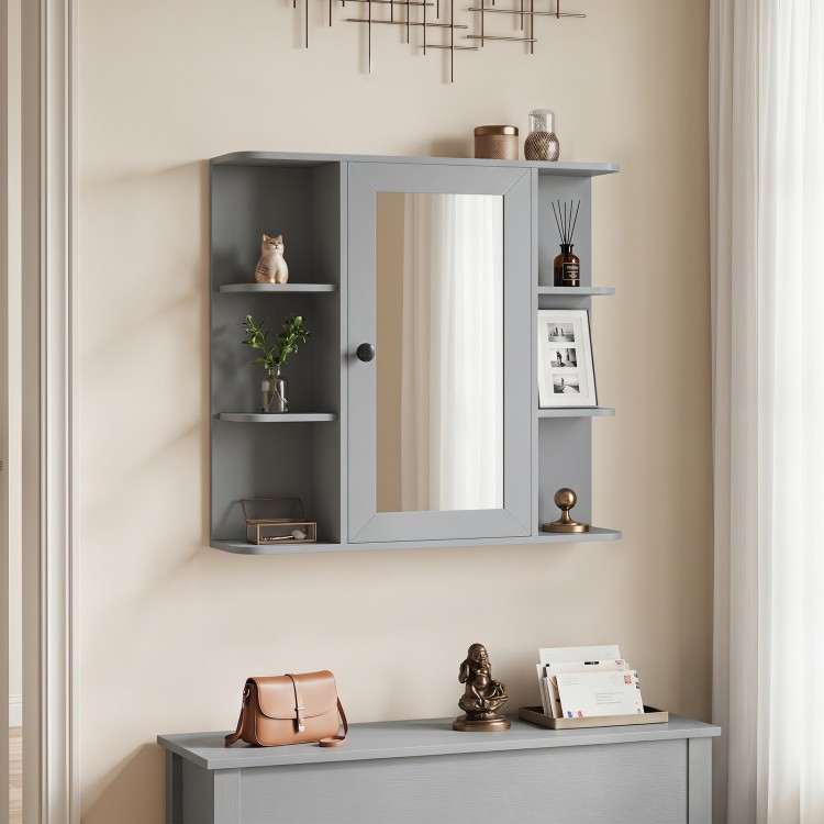Gray wall-mounted bathroom medicine cabinet with a mirrored door and rounded corners, offering stylish vertical organization.