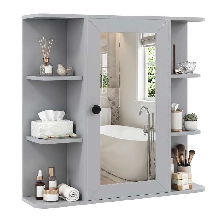 Gray wall-mounted bathroom medicine cabinet showcases a mirrored door and sleek handle, maximizing vertical storage space.