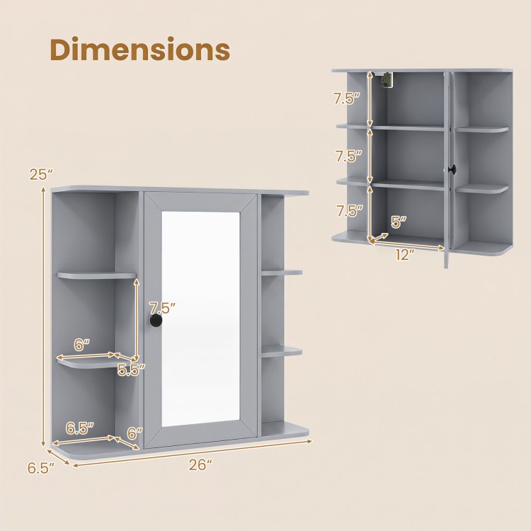 Wall-mounted gray bathroom medicine cabinet with mirror, featuring 3 compartments and 6 open shelves for organization.