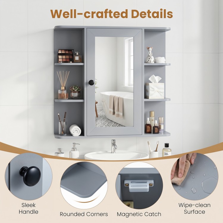Wall-mounted gray bathroom medicine cabinet features a mirror, 3 compartments, and 6 open shelves for organized storage.
