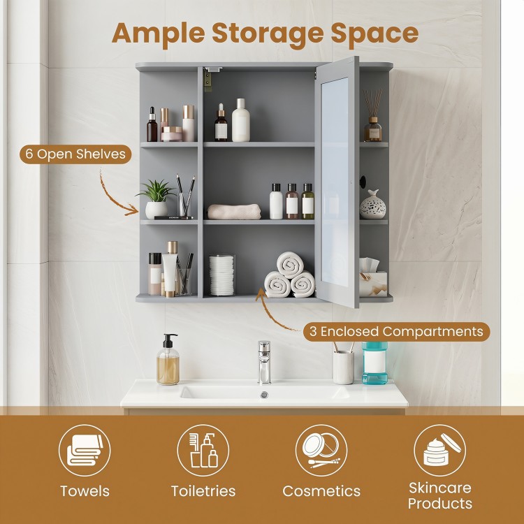 Wall-mounted gray bathroom medicine cabinet featuring 6 open shelves and 3 enclosed compartments for organized storage.