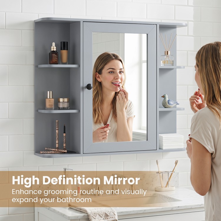 Wall-mounted gray bathroom medicine cabinet with mirror and shelves, featuring three compartments for organization and easy access.