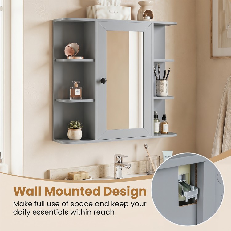 Wall mounted gray bathroom medicine cabinet features a mirror, 3 compartments, and 6 open shelves for organized storage.
