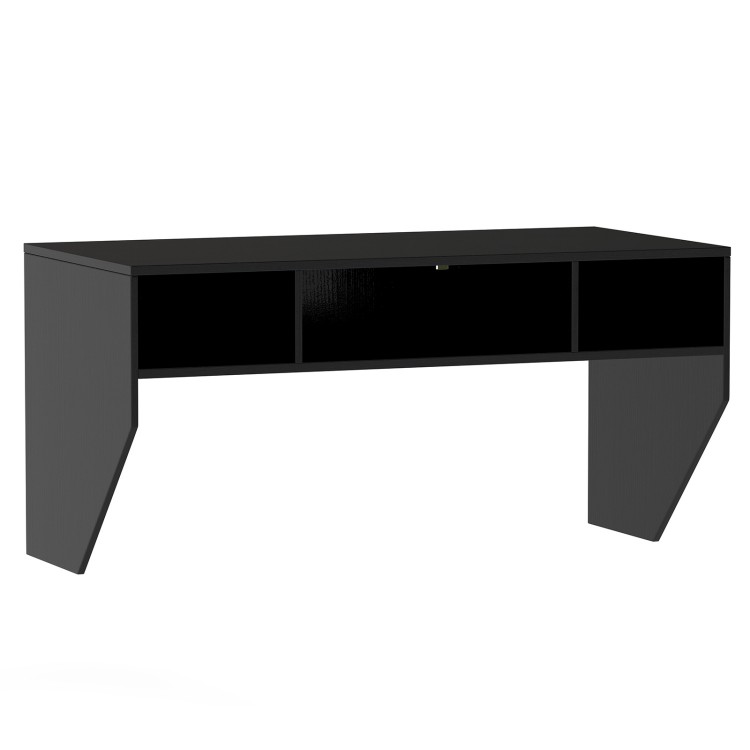 Wall-mounted black computer desk with 3 storage compartments, 41.5" x 21" surface for monitors and laptops.