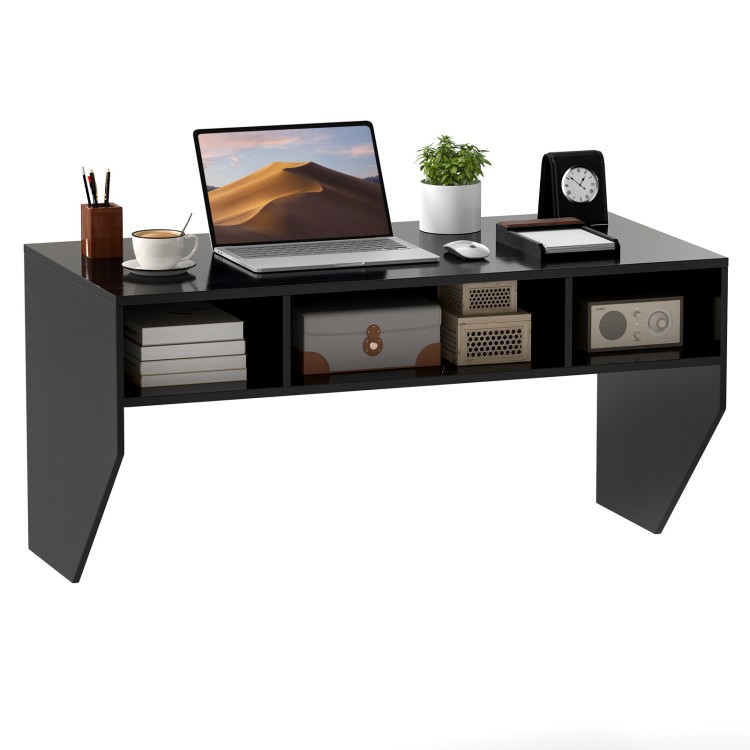 Wall-mounted black computer desk with 3 storage compartments and a large surface for monitors, ideal for modern spaces.