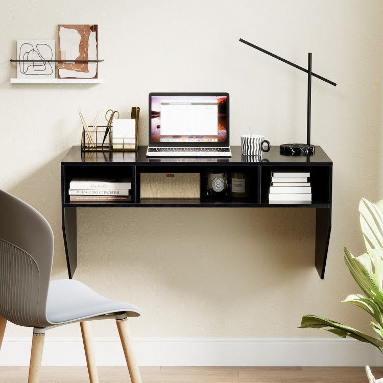 Wall-mounted black computer desk with 3 storage compartments, featuring a spacious surface for monitors and laptops.