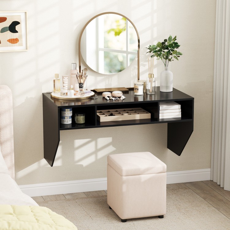 Wall-mounted black computer desk with three storage compartments, featuring a modern design for efficient space use.