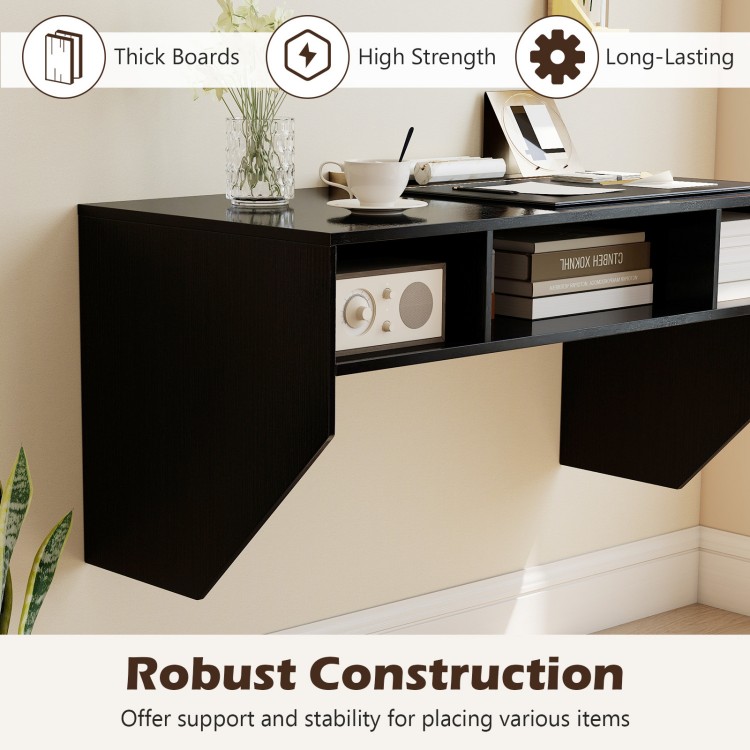 Wall-mounted black computer desk with 3 storage compartments, offering a modern look and sturdy support for laptops.