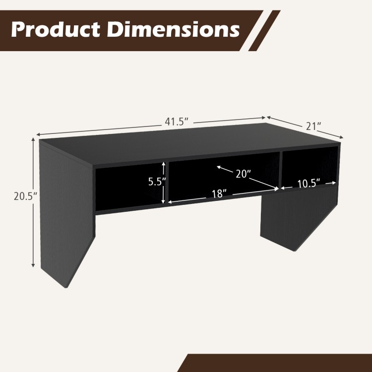 Wall-mounted computer desk dimensions showing 41.5" x 21" surface and 3 storage compartments for organized workspace.