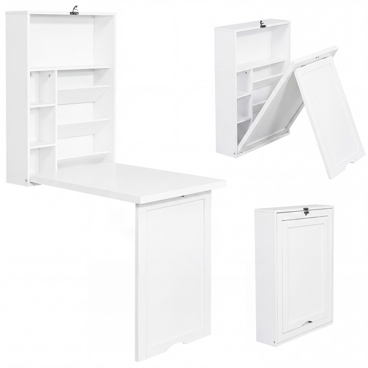 Wall-mounted fold-out convertible desk in white with ample storage, perfect for saving space in any room.