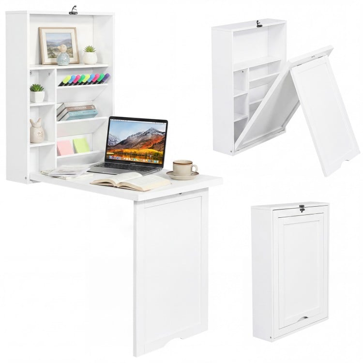 Wall-mounted fold-out convertible desk in white features ample storage and a wide tabletop for versatile use.