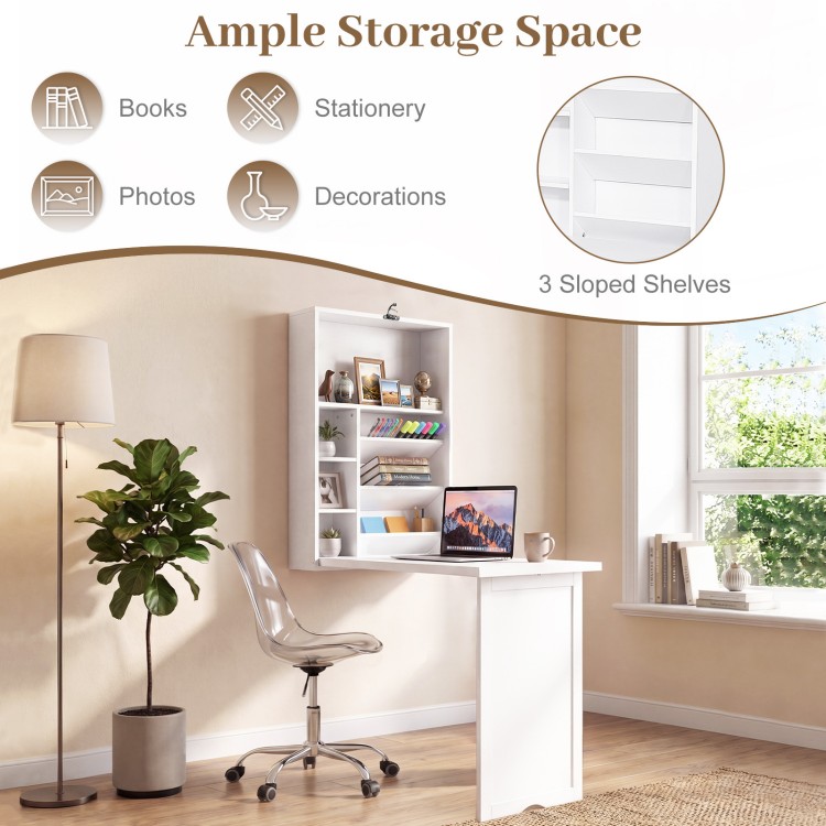 Wall-mounted fold-out convertible desk in white with ample storage space and three sloped shelves for versatile use.