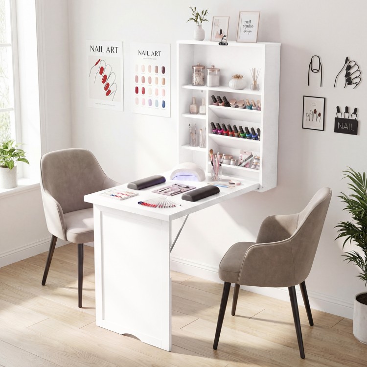Wall-mounted fold-out convertible desk in white with ample storage, perfect for small spaces and various occasions.