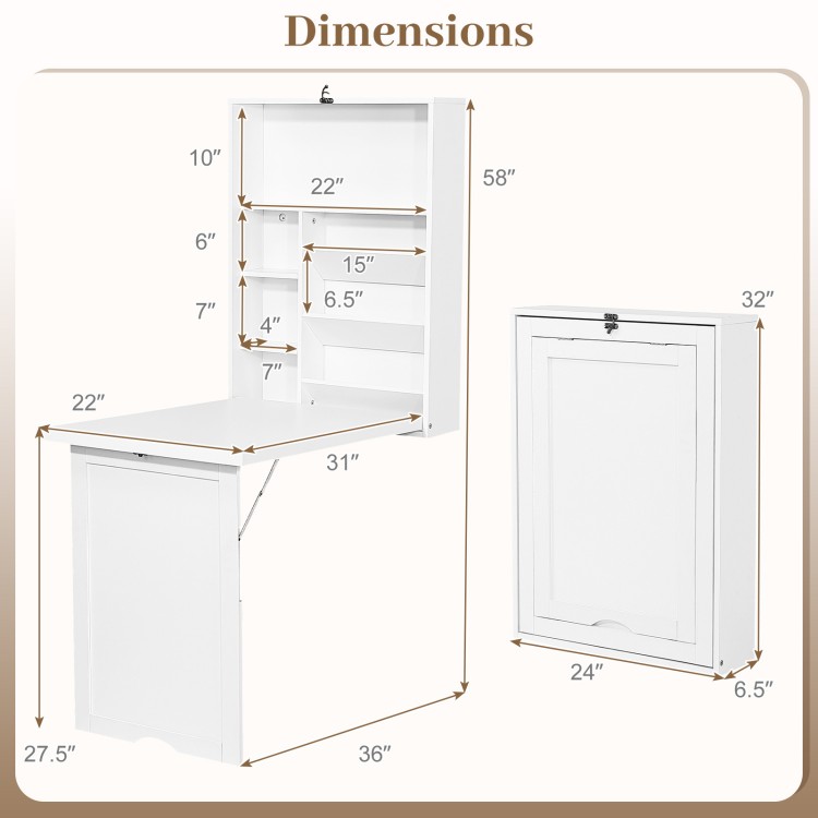 Wall-mounted fold-out convertible desk in white with dimensions, offering space-saving design and ample storage for various needs.